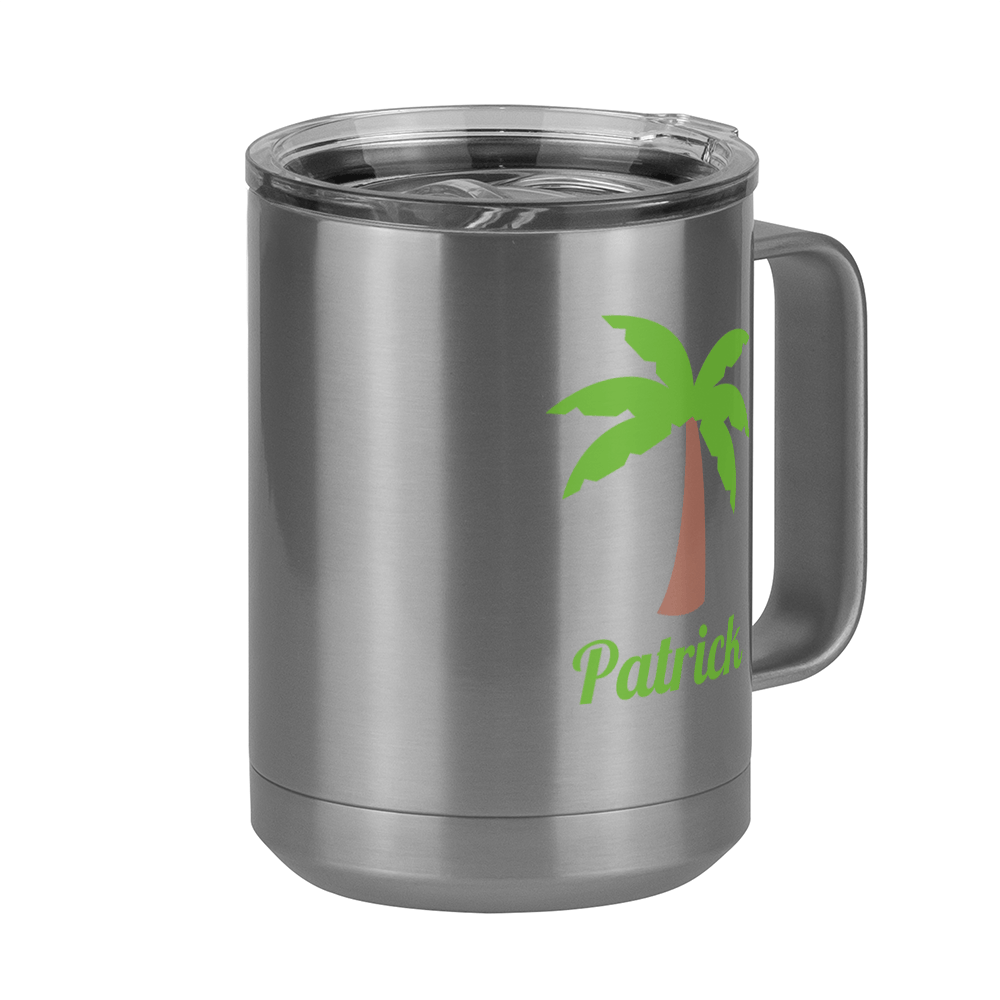 Personalized Beach Fun Coffee Mug Tumbler with Handle (15 oz) - Palm Tree - Front Right View