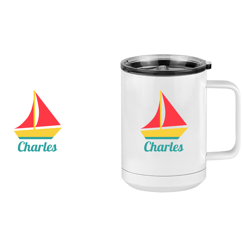 Personalized Beach Fun Coffee Mug Tumbler with Handle (15 oz) - Sailboat - Design View