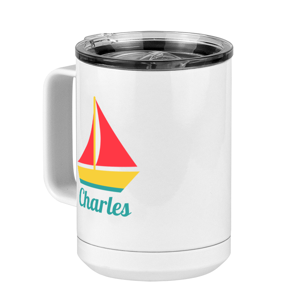 Personalized Beach Fun Coffee Mug Tumbler with Handle (15 oz) - Sailboat - Front Left View