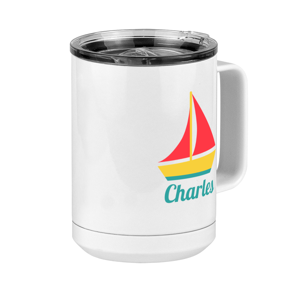 Personalized Beach Fun Coffee Mug Tumbler with Handle (15 oz) - Sailboat - Front Right View