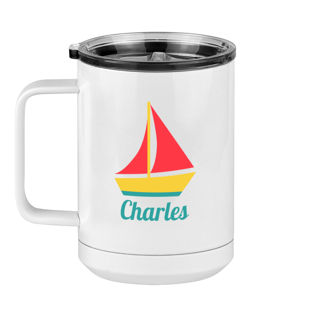 Personalized Beach Fun Coffee Mug Tumbler with Handle (15 oz) - Sailboat - Left View