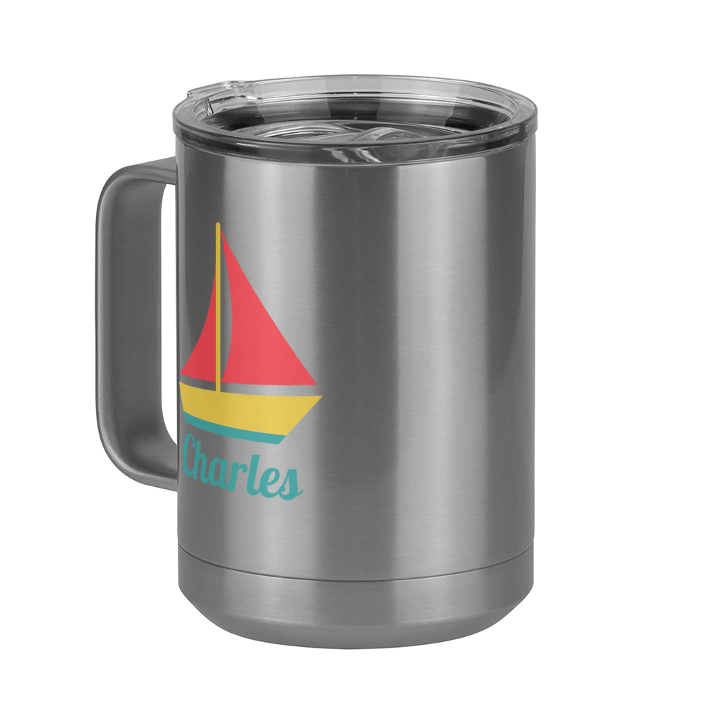 Personalized Beach Fun Coffee Mug Tumbler with Handle (15 oz) - Sailboat - Front Left View