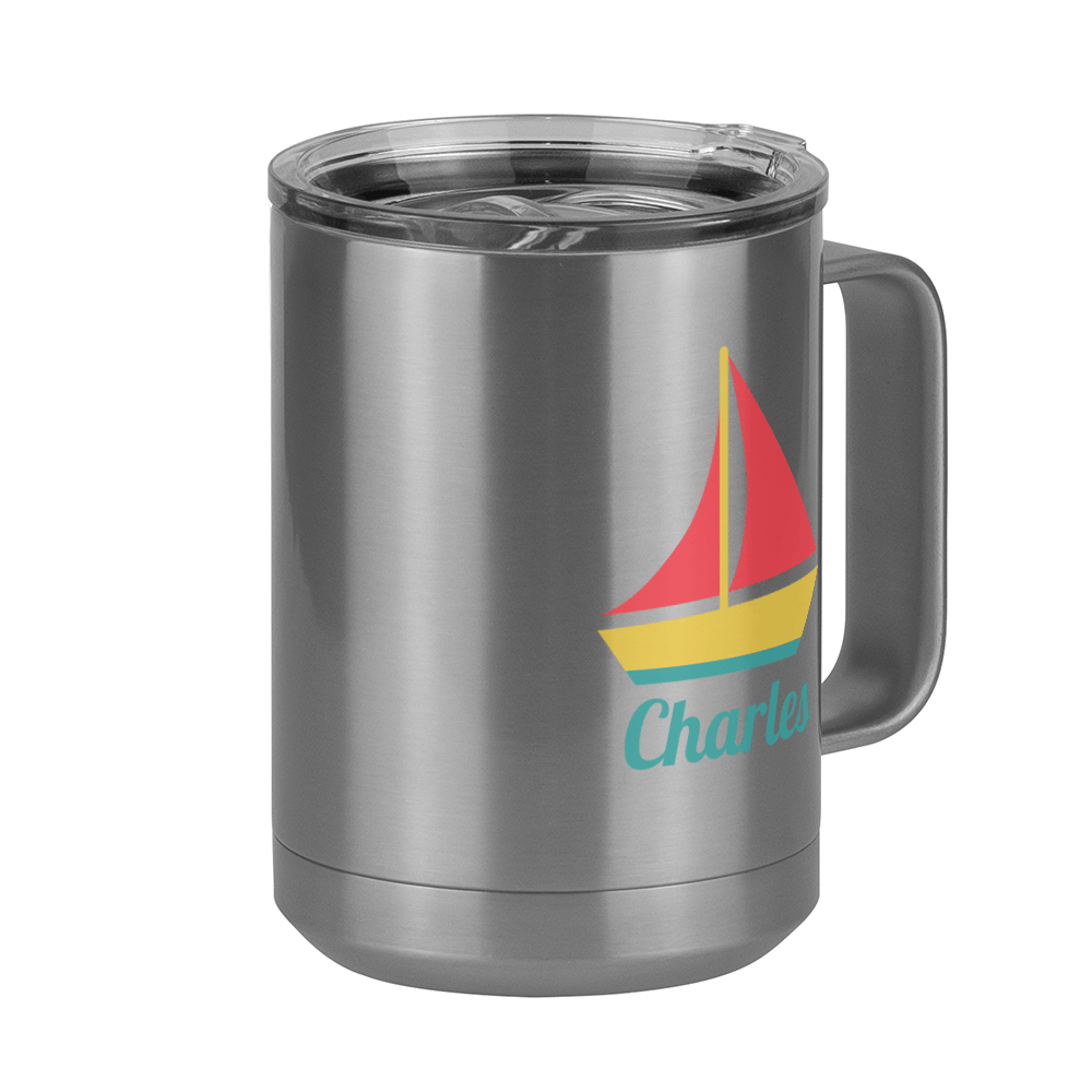 Personalized Beach Fun Coffee Mug Tumbler with Handle (15 oz) - Sailboat - Front Right View