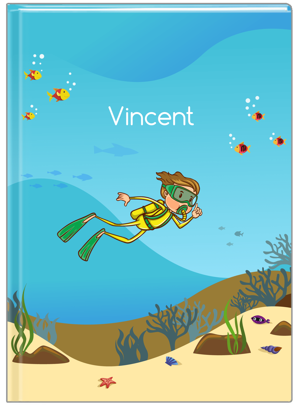 Personalized Beach Journal IV - Scuba Diving - Brown Hair Boy - Front View