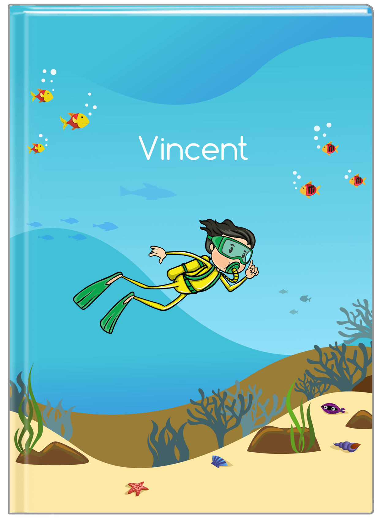 Personalized Beach Journal IV - Scuba Diving - Black Hair Boy - Front View