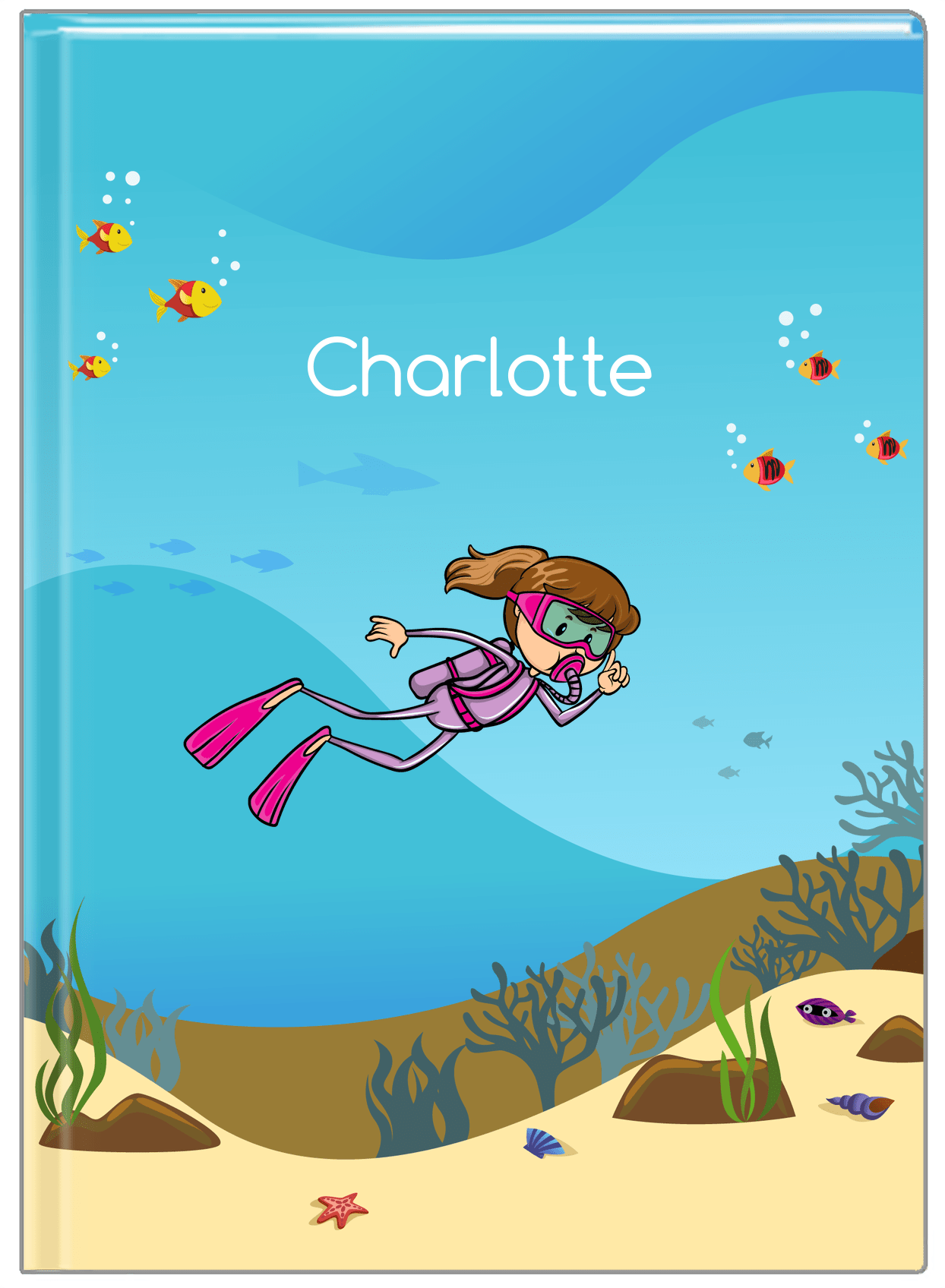 Personalized Beach Journal VII - Scuba Diving - Brunette Girl - Front View