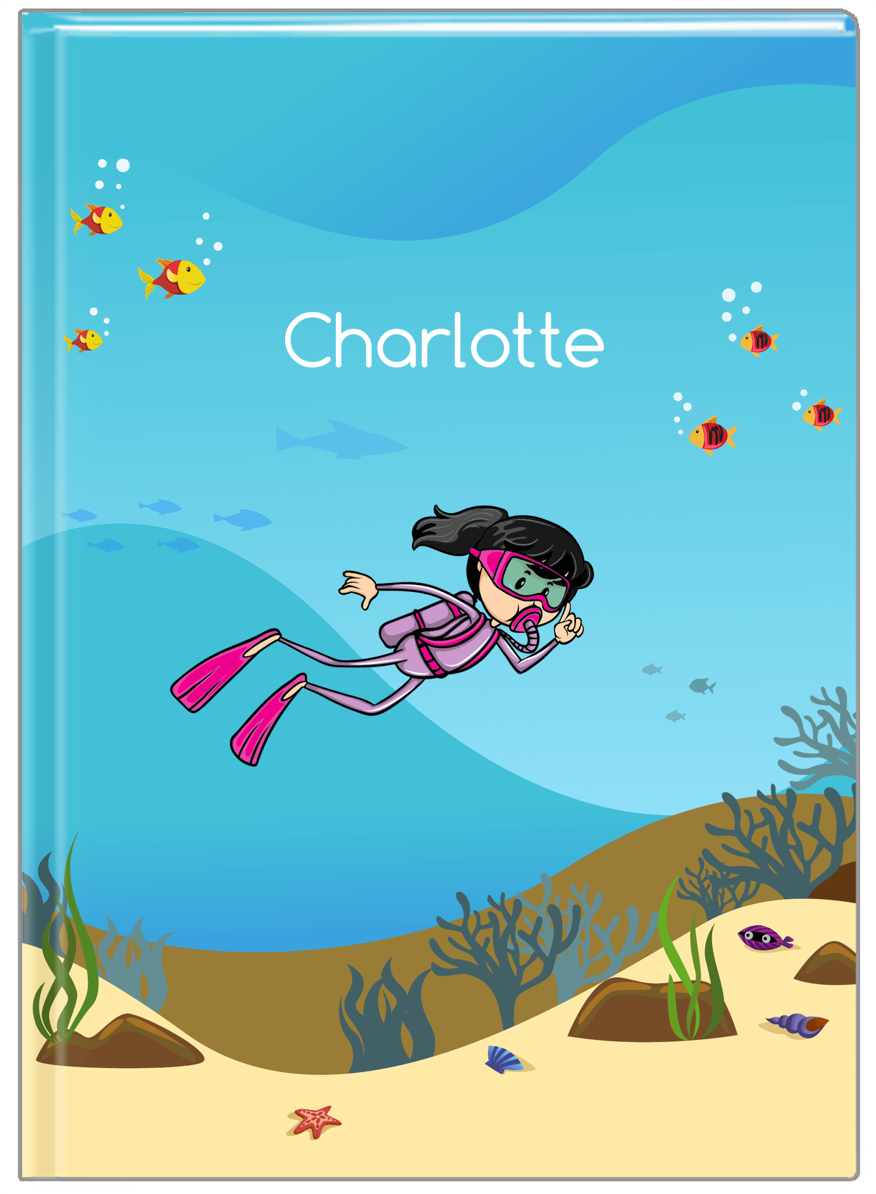 Personalized Beach Journal VII - Scuba Diving - Black Hair Girl - Front View