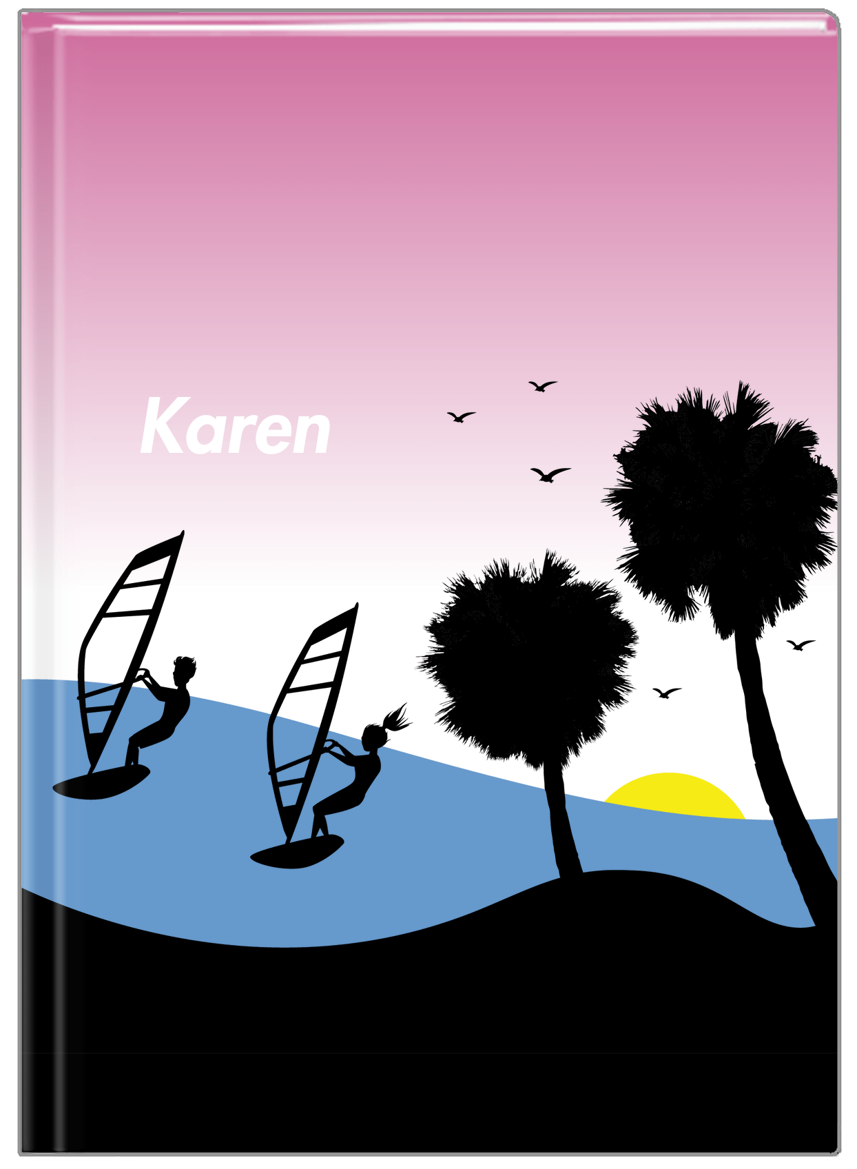 Personalized Beach Journal XVI - Windsurfing - Pink Background - Front View