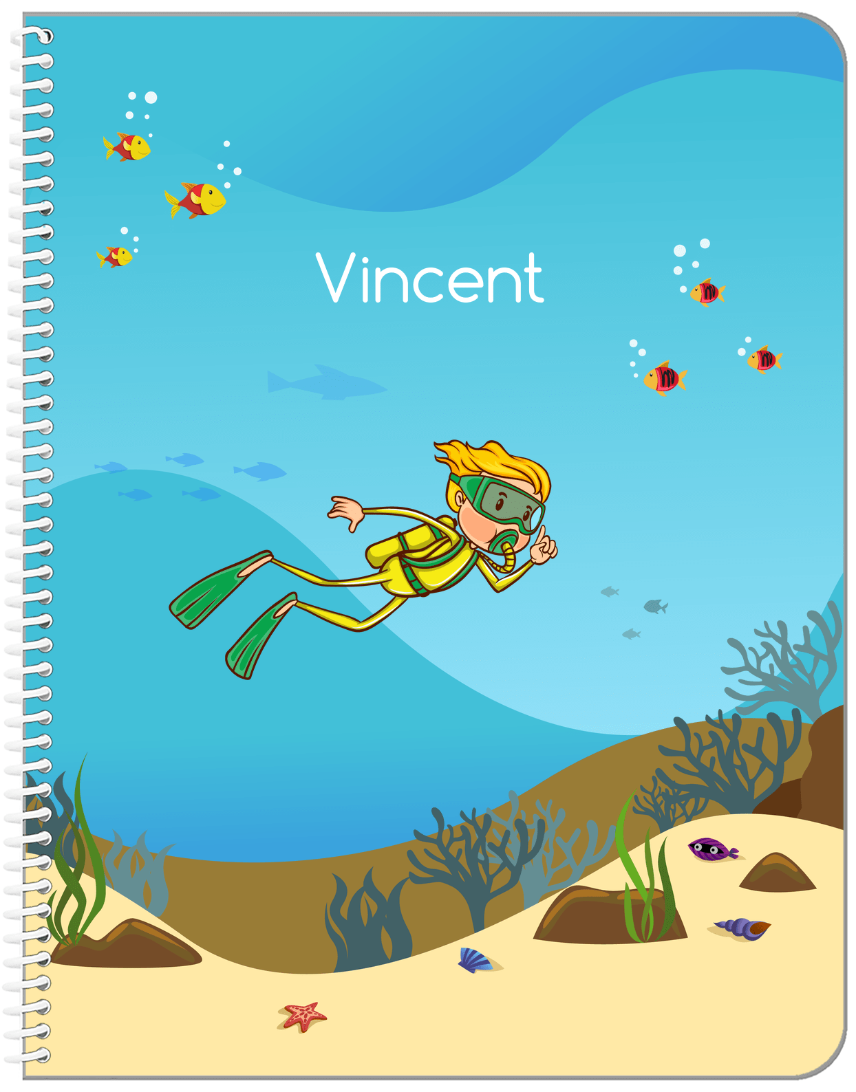 Personalized Beach Notebook IV - Scuba Diving - Blond Boy - Front View