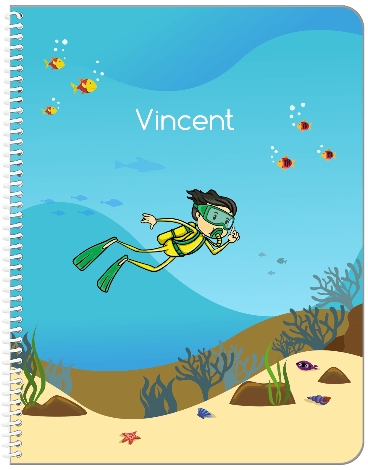 Personalized Beach Notebook IV - Scuba Diving - Asian Boy - Front View