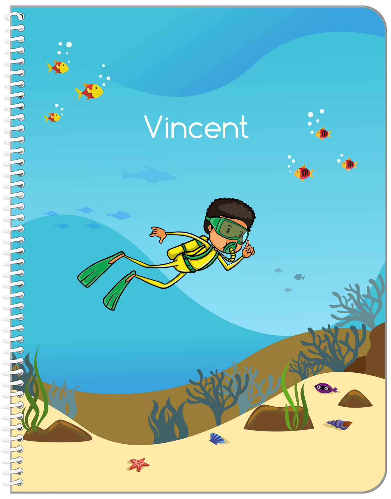 Personalized Beach Notebook IV - Scuba Diving - Black Boy I - Front View