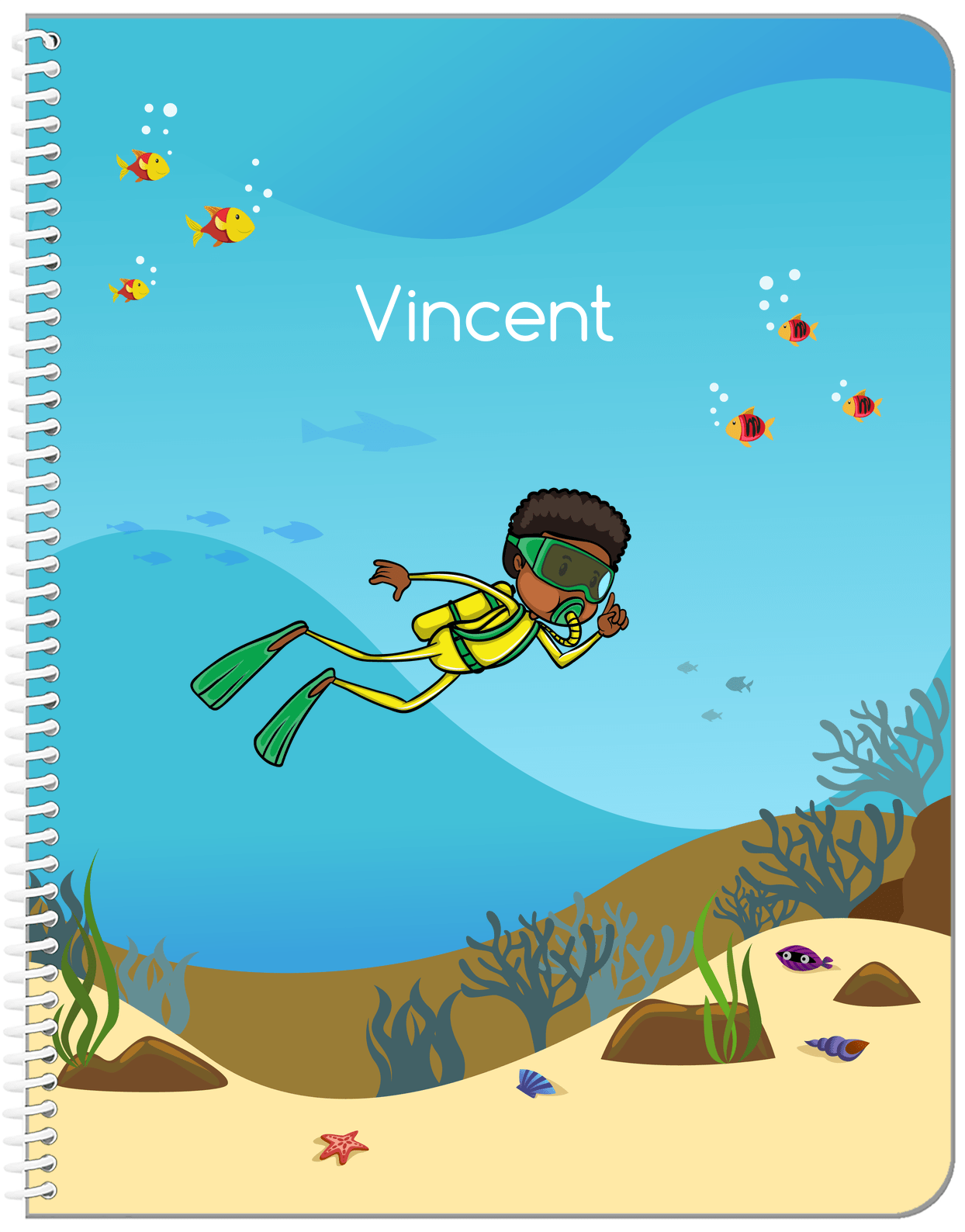 Personalized Beach Notebook IV - Scuba Diving - Black Boy II - Front View
