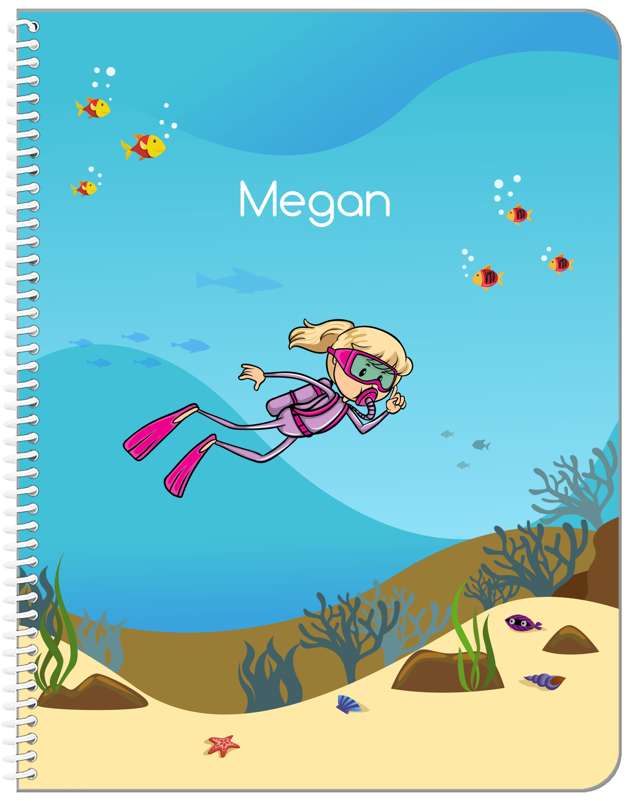Personalized Beach Notebook VII - Scuba Diving - Blonde Girl - Front View