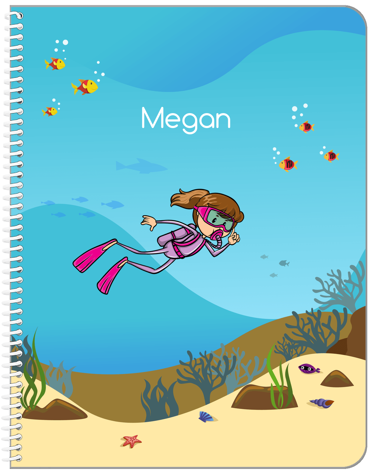 Personalized Beach Notebook VII - Scuba Diving - Brunette Girl - Front View