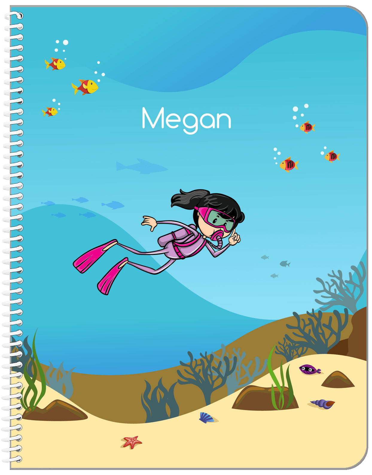 Personalized Beach Notebook VII - Scuba Diving - Black Hair Girl - Front View