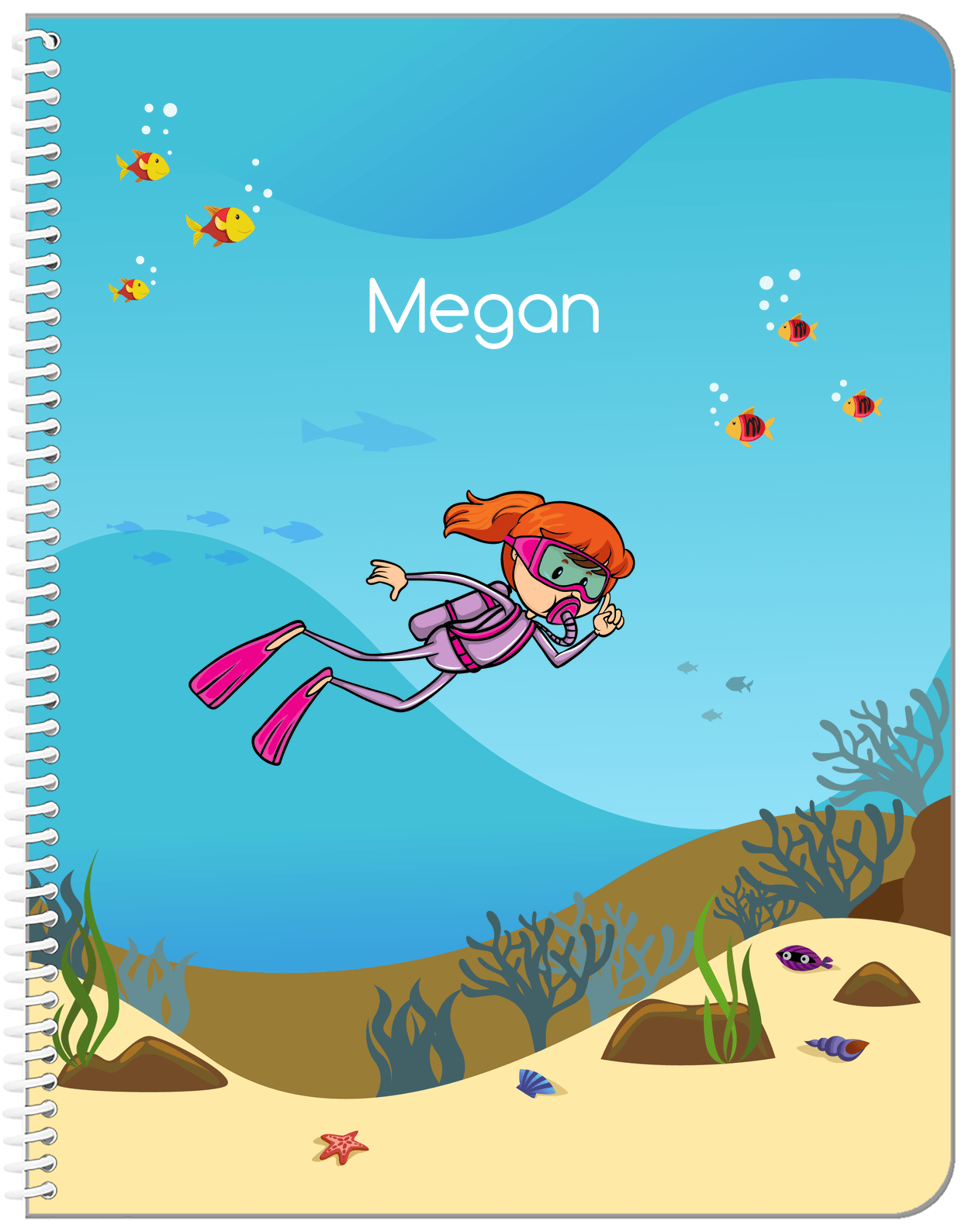 Personalized Beach Notebook VII - Scuba Diving - Redhead Girl - Front View