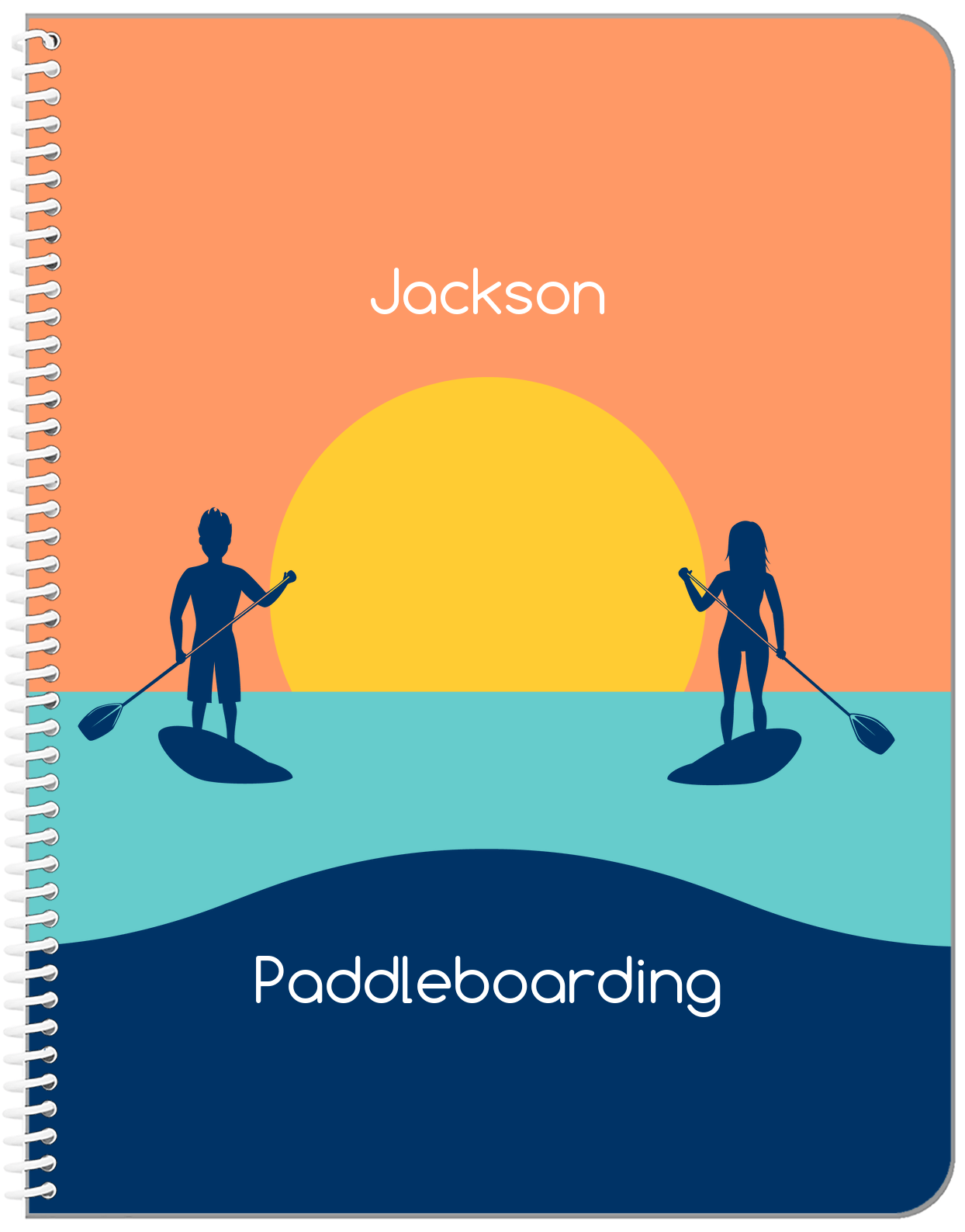 Personalized Beach Notebook XI - Paddleboarding - Orange Background - Front View