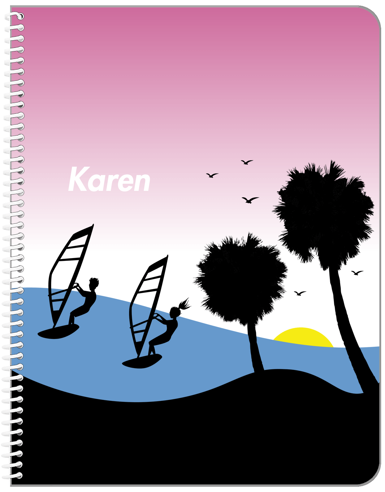 Personalized Beach Notebook XVI - Windsurfing - Pink Background - Front View