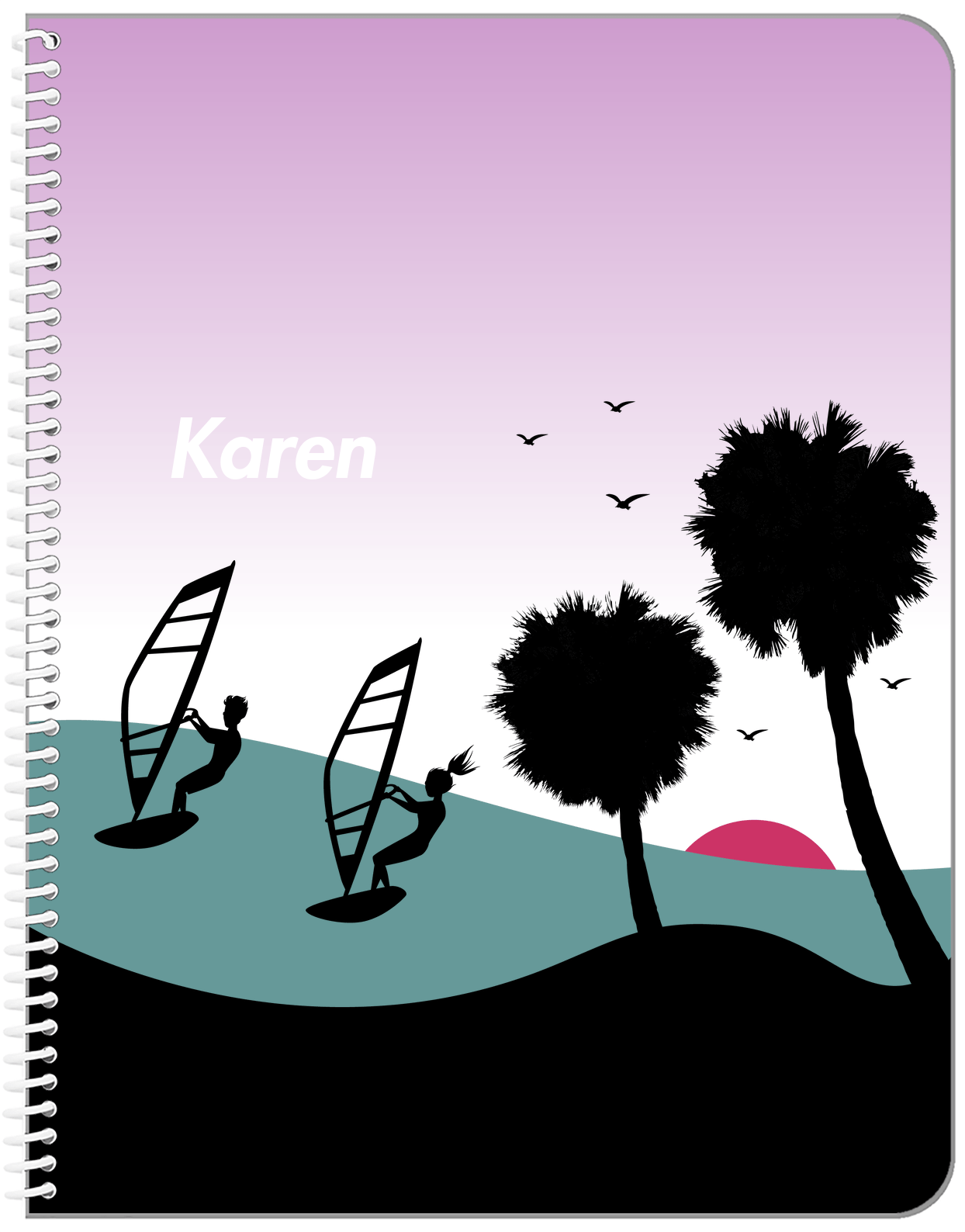 Personalized Beach Notebook XVI - Windsurfing - Purple Background - Front View