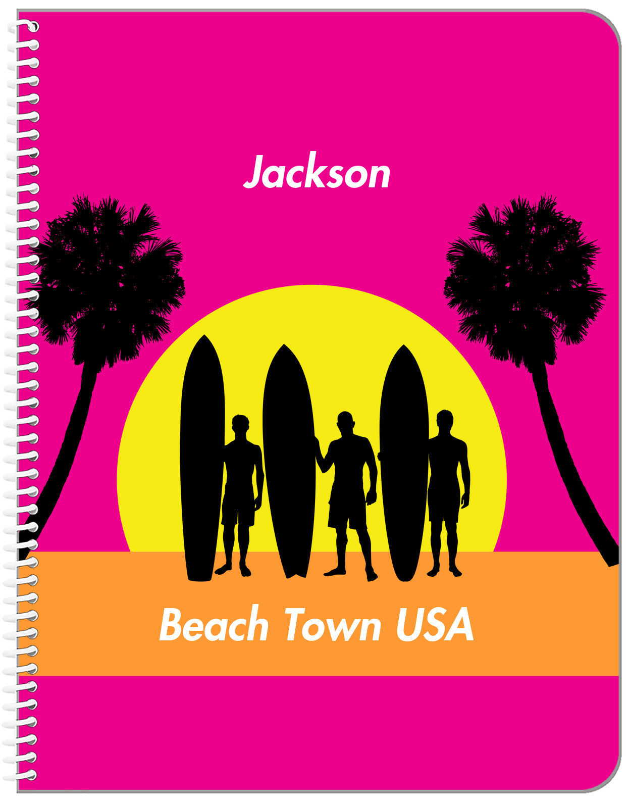 Personalized Beach Notebook XVII - Beach Town - Pink Background - Front View