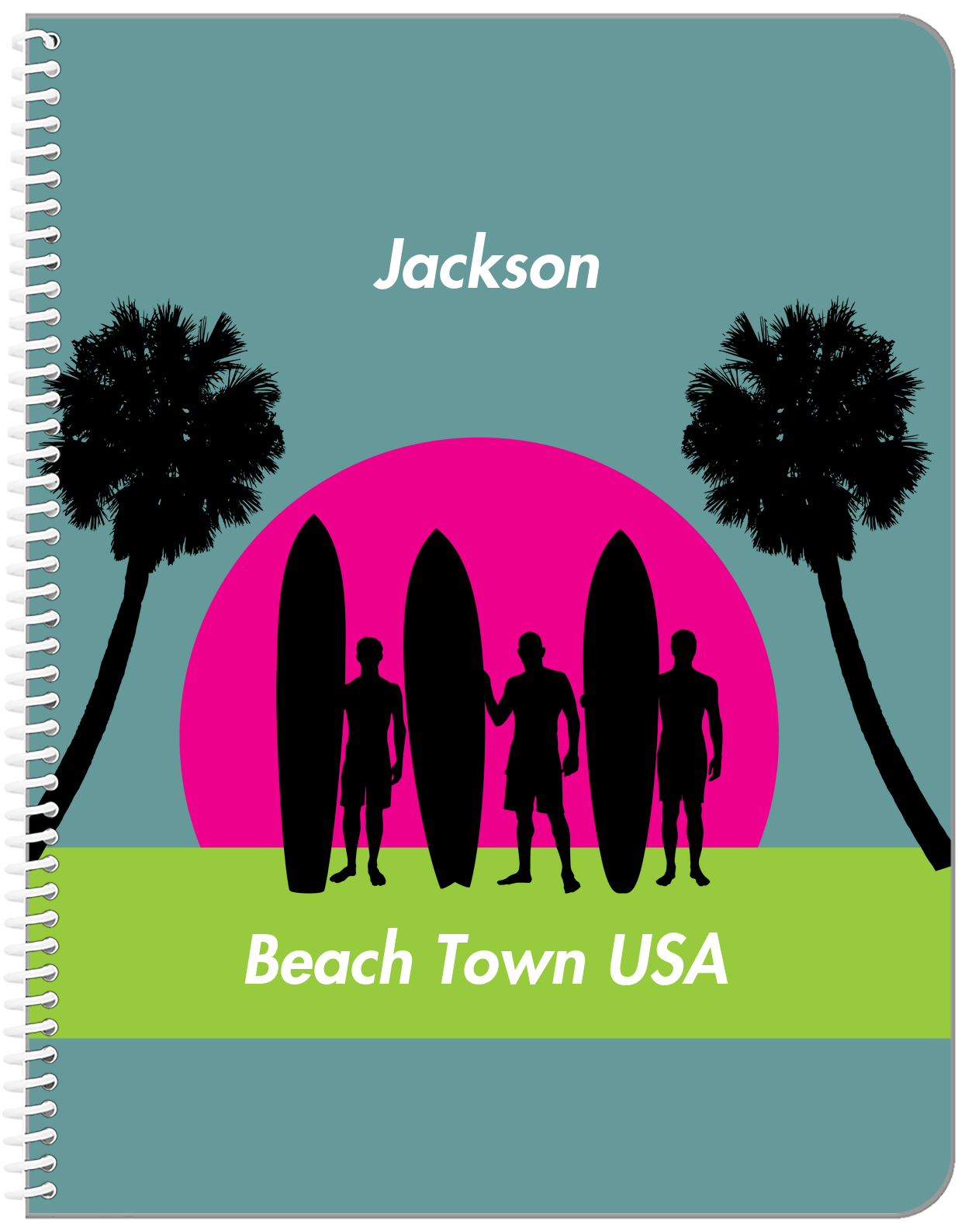 Personalized Beach Notebook XVII - Beach Town - Teal Background - Front View