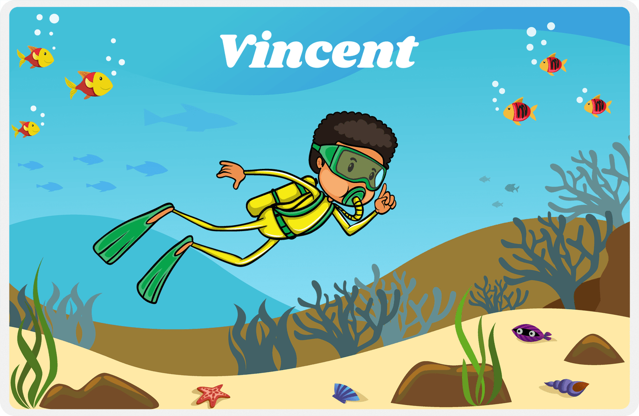 Personalized Beach Placemat IV - Scuba Diving - Black Boy I -  View