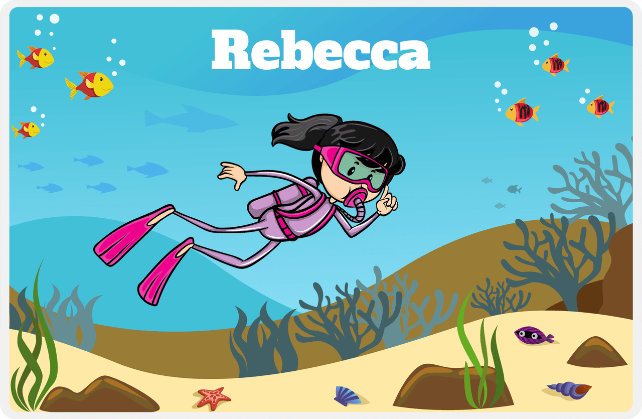 Personalized Beach Placemat VII - Scuba Diving - Black Hair Girl -  View