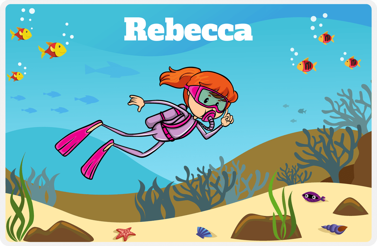 Personalized Beach Placemat VII - Scuba Diving - Redhead Girl -  View