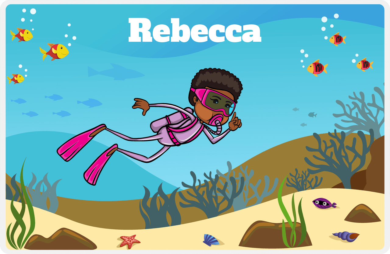 Personalized Beach Placemat VII - Scuba Diving - Black Girl II -  View