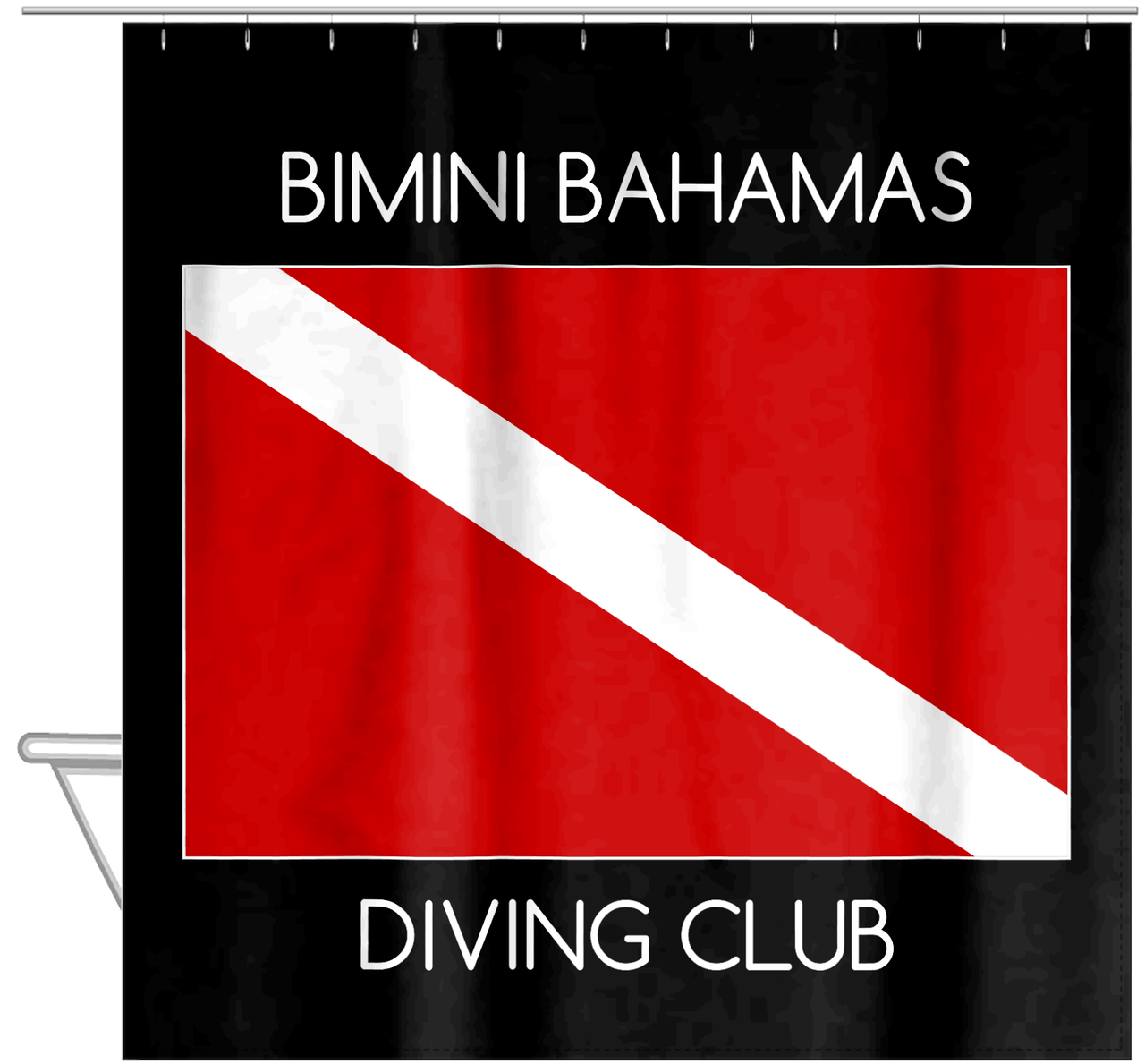 Personalized Beach Shower Curtain I - Dive Flag - Black Background - Hanging View