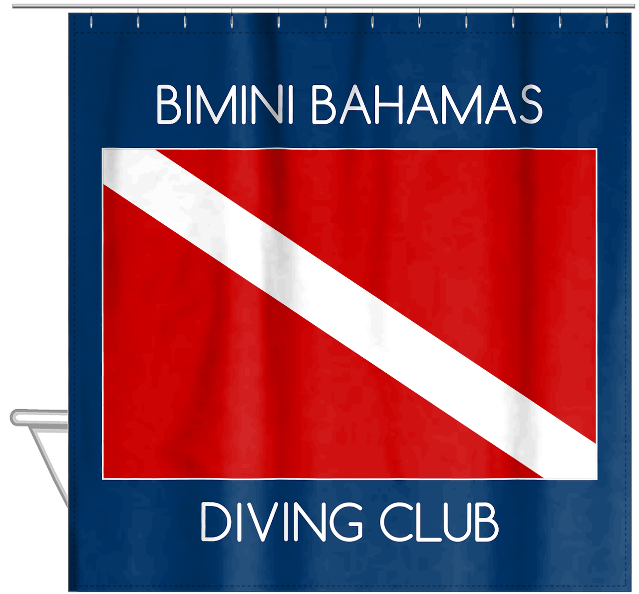 Personalized Beach Shower Curtain I - Dive Flag - Blue Background - Hanging View