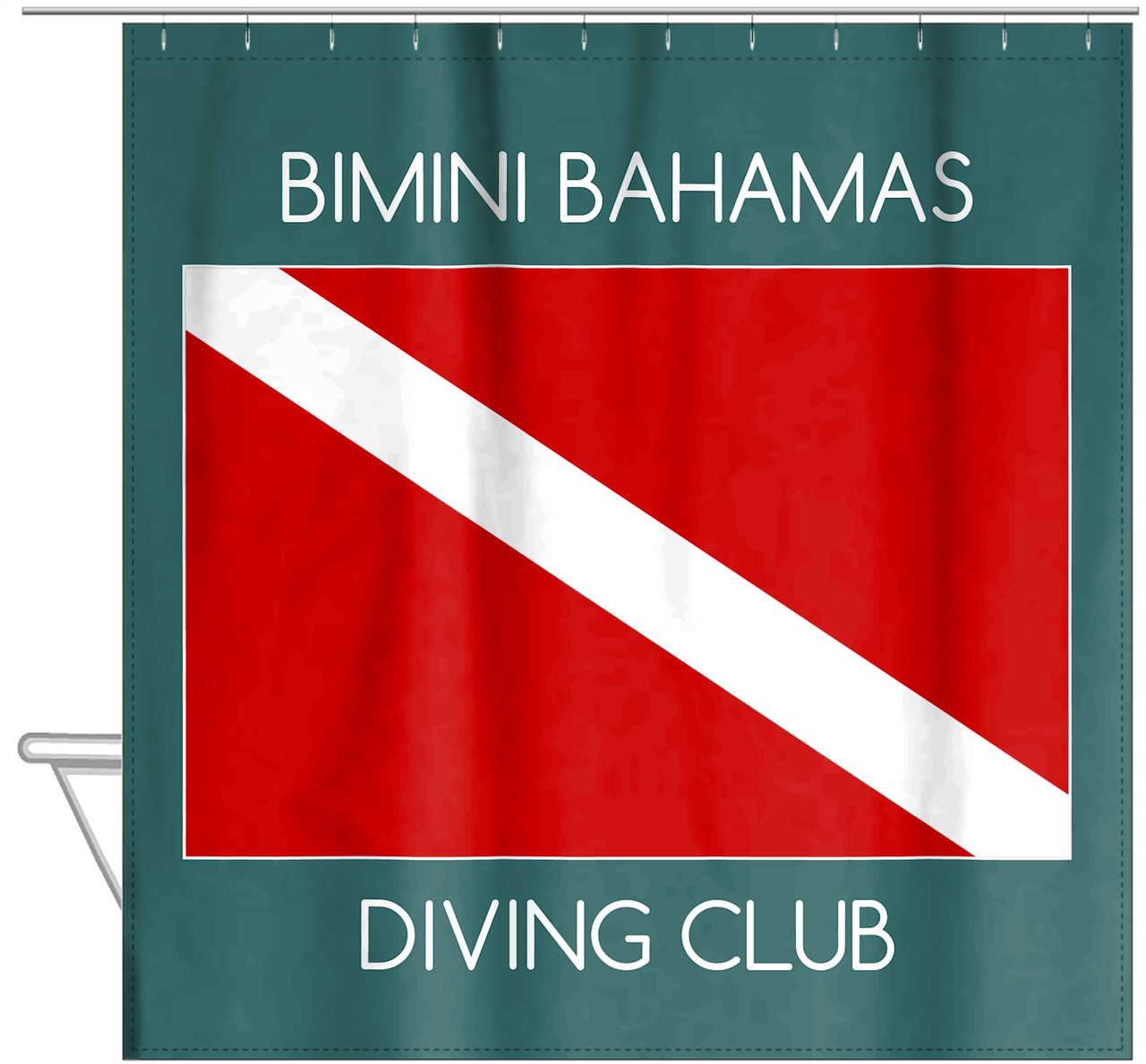 Personalized Beach Shower Curtain I - Dive Flag - Teal Background - Hanging View