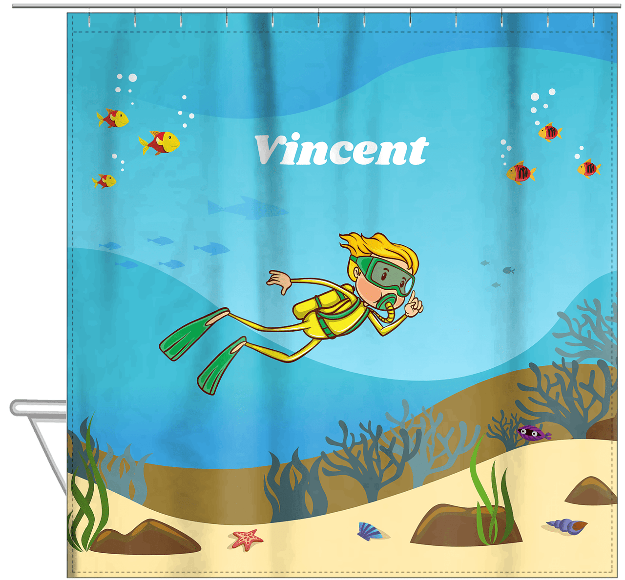 Personalized Beach Shower Curtain IV - Scuba Diving - Blond Boy - Hanging View