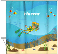 Thumbnail for Personalized Beach Shower Curtain IV - Scuba Diving - Blond Boy - Hanging View