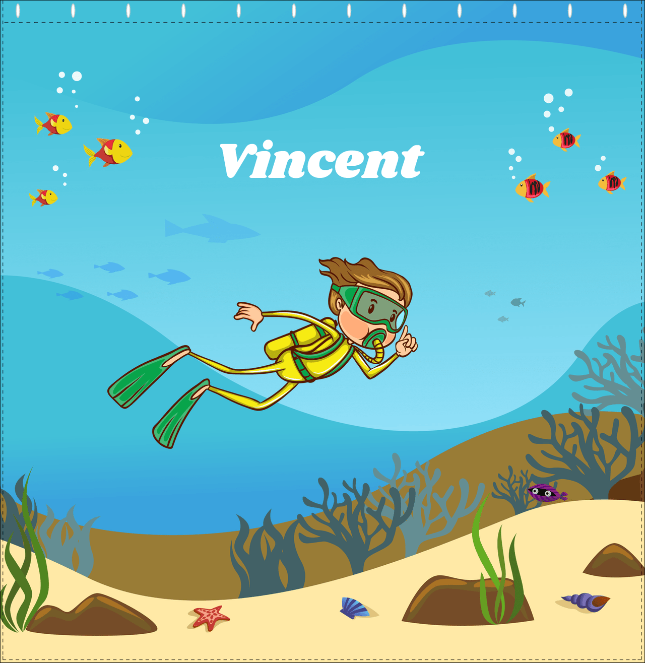 Personalized Beach Shower Curtain IV - Scuba Diving - Brown Hair Boy - Decorate View