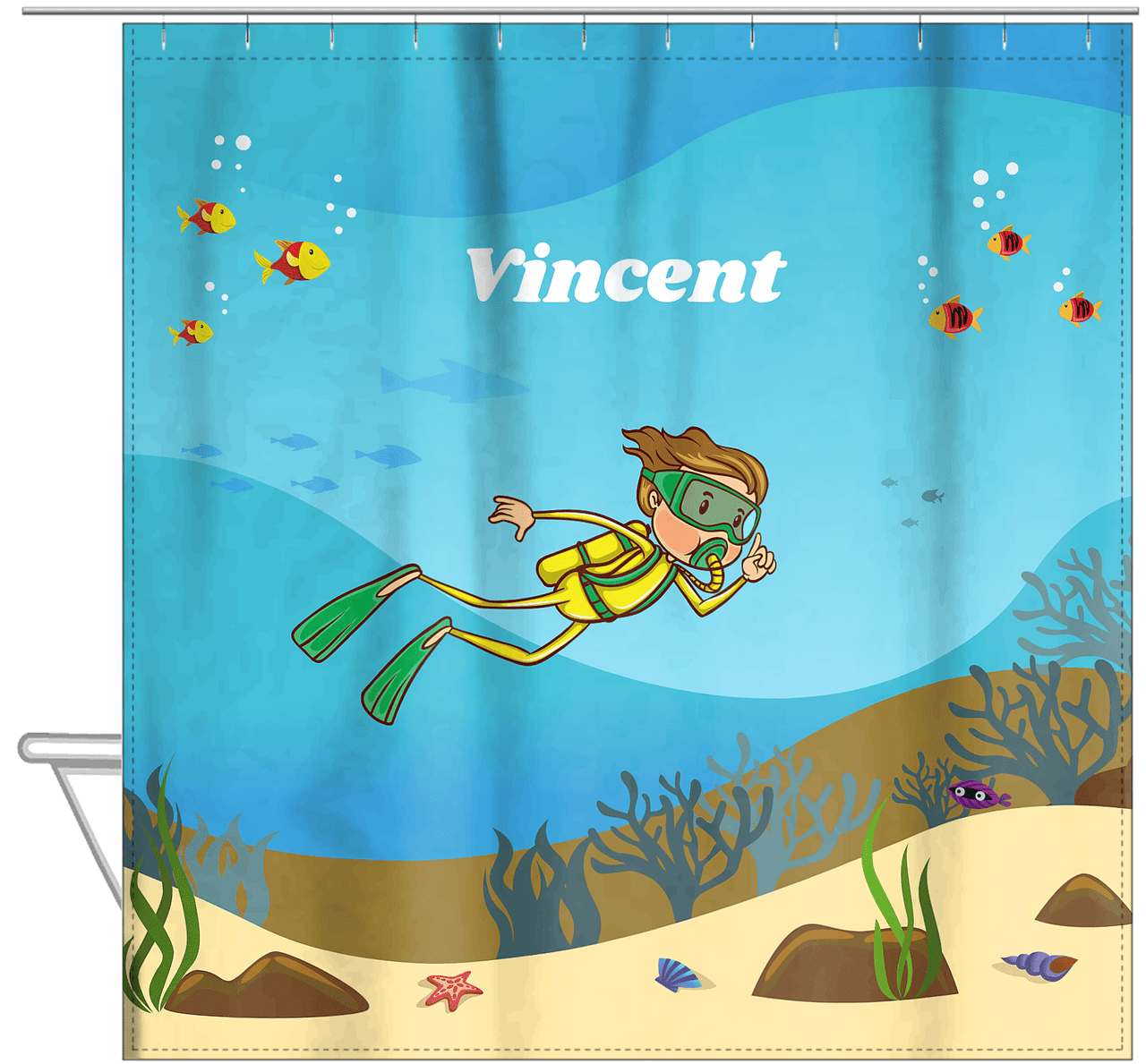 Personalized Beach Shower Curtain IV - Scuba Diving - Brown Hair Boy - Hanging View