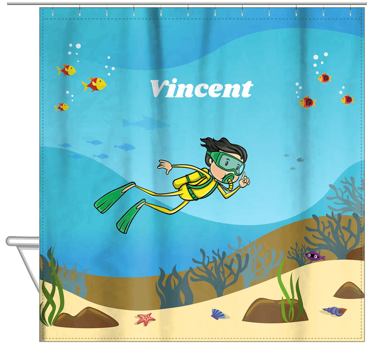 Personalized Beach Shower Curtain IV - Scuba Diving - Black Hair Boy - Hanging View