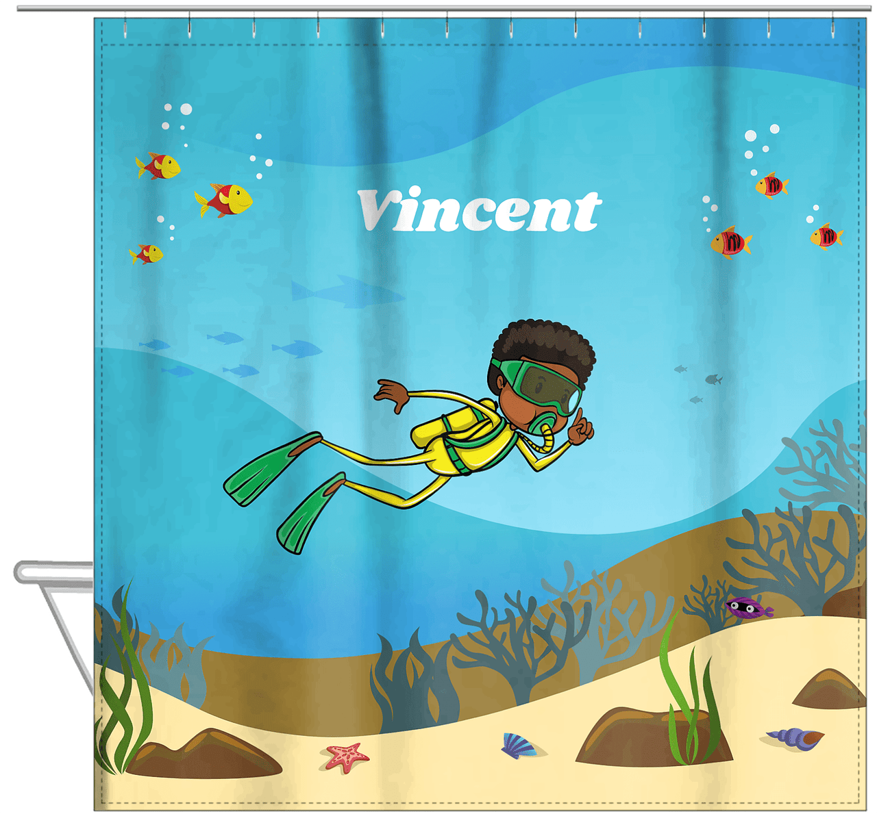 Personalized Beach Shower Curtain IV - Scuba Diving - Black Boy II - Hanging View