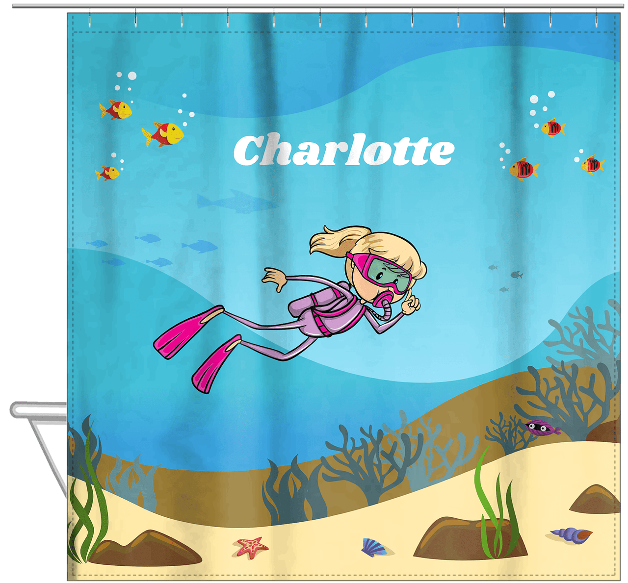 Personalized Beach Shower Curtain VII - Scuba Diving - Blonde Girl - Hanging View
