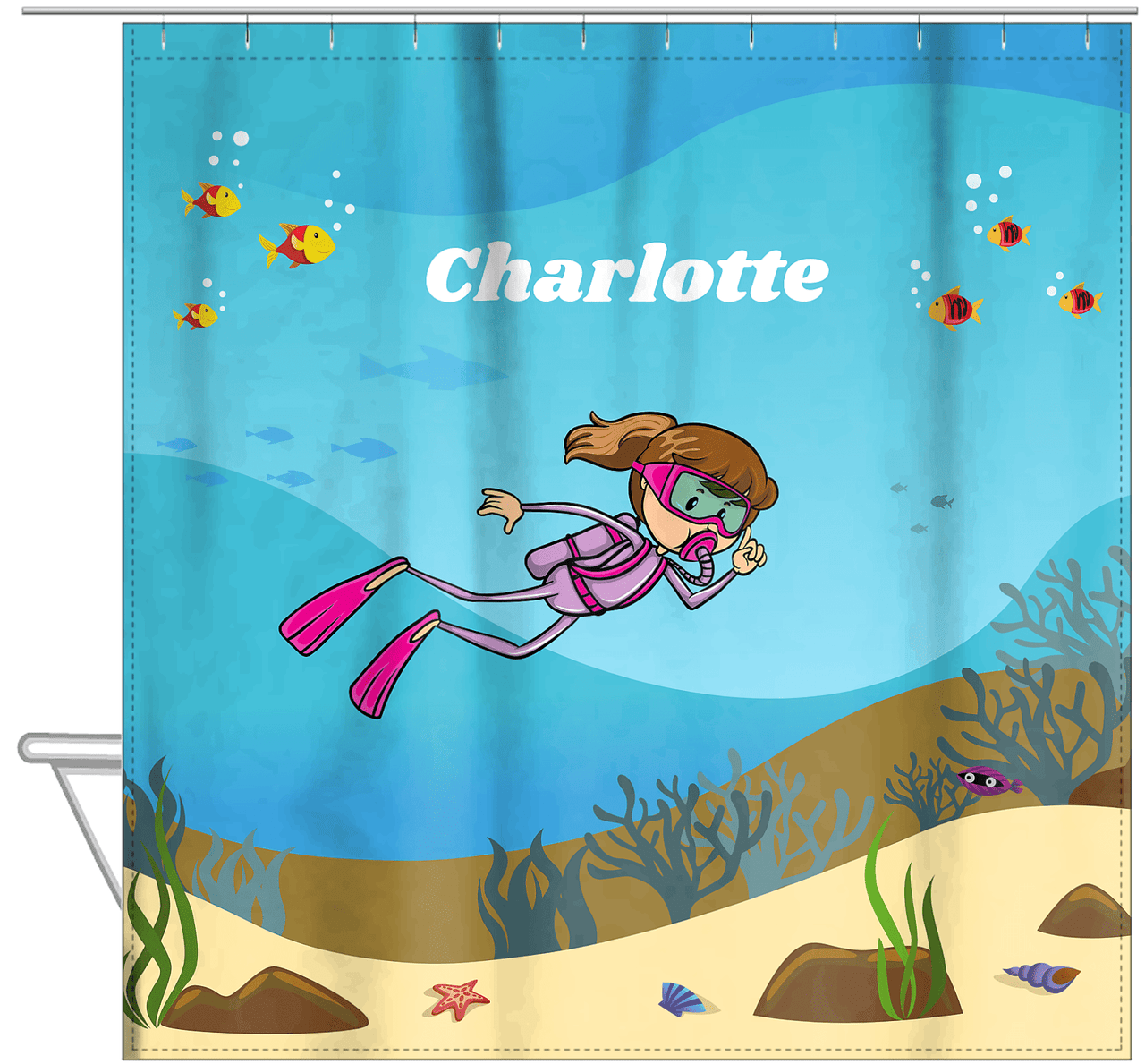 Personalized Beach Shower Curtain VII - Scuba Diving - Brunette Girl - Hanging View