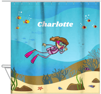 Thumbnail for Personalized Beach Shower Curtain VII - Scuba Diving - Brunette Girl - Hanging View