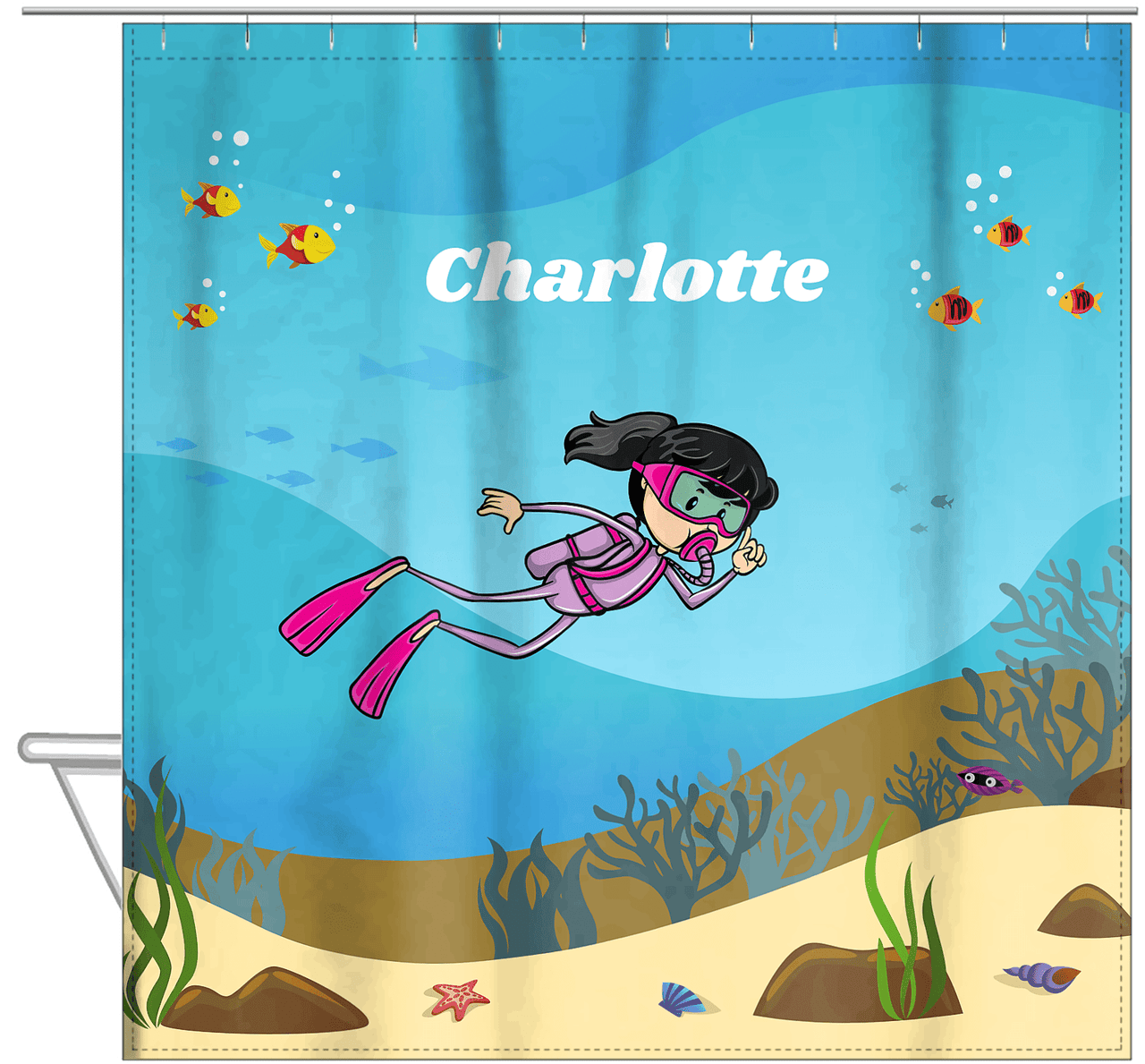 Personalized Beach Shower Curtain VII - Scuba Diving - Black Hair Girl - Hanging View