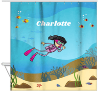 Thumbnail for Personalized Beach Shower Curtain VII - Scuba Diving - Black Hair Girl - Hanging View