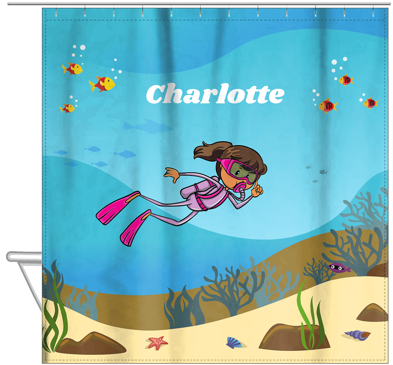 Personalized Beach Shower Curtain VII - Scuba Diving - Black Girl I - Hanging View