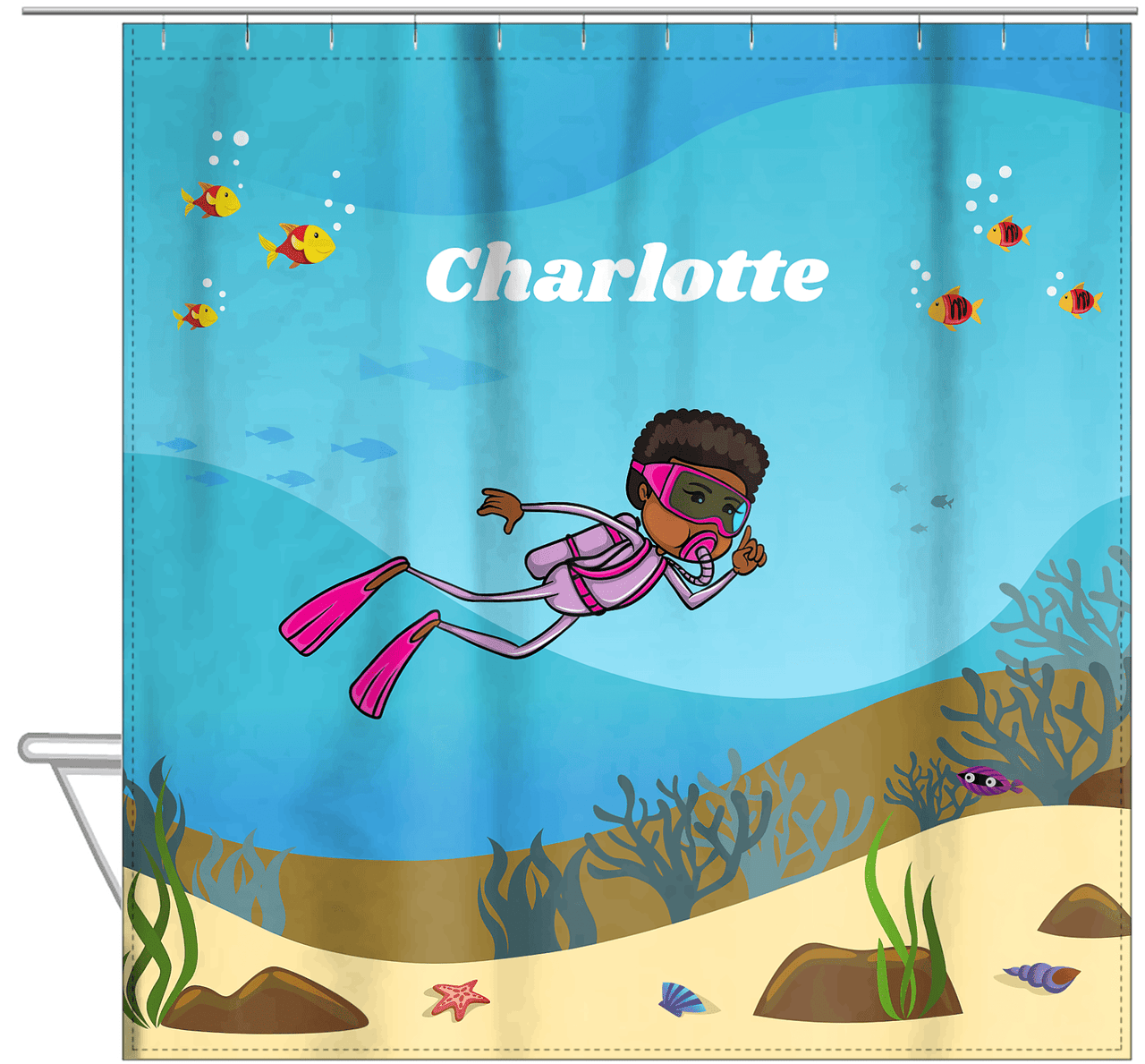 Personalized Beach Shower Curtain VII - Scuba Diving - Black Girl II - Hanging View