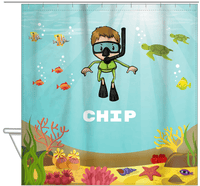 Thumbnail for Personalized Beach Shower Curtain VIII - Snorkeling Fun - Brown Hair Boy - Hanging View