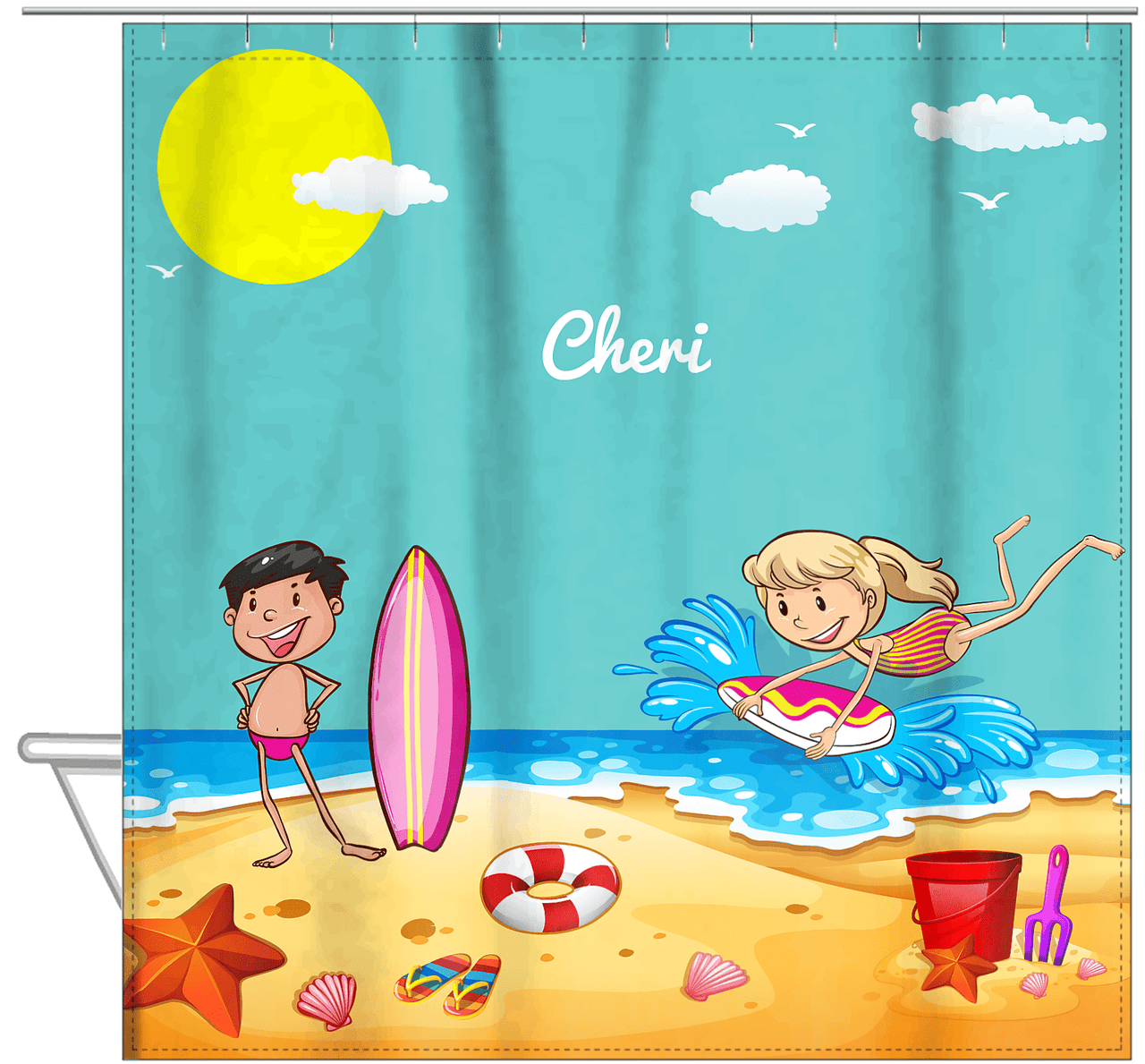 Personalized Beach Shower Curtain X - Body Boarding - Blonde Girl - Hanging View