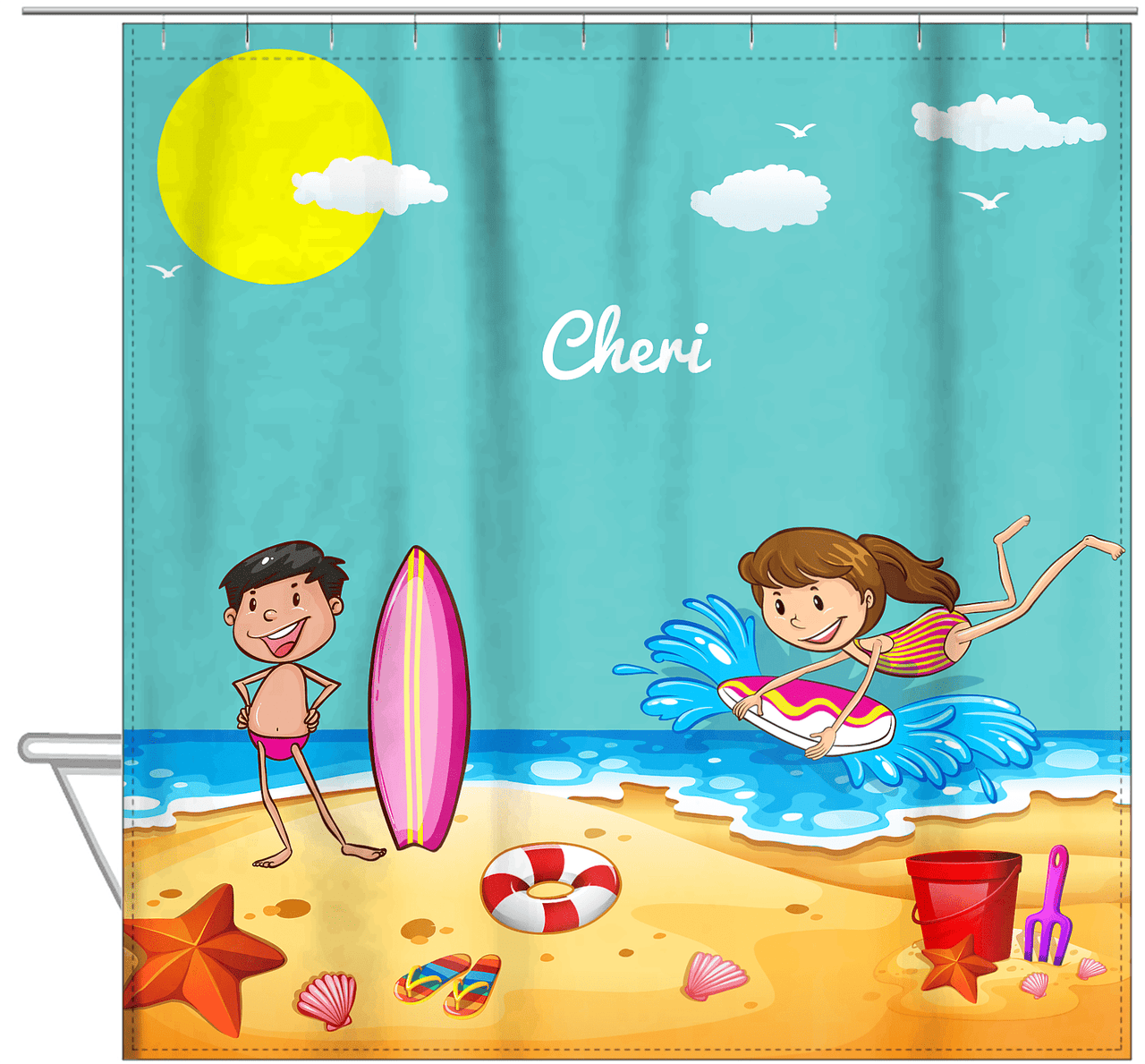 Personalized Beach Shower Curtain X - Body Boarding - Brunette Girl - Hanging View