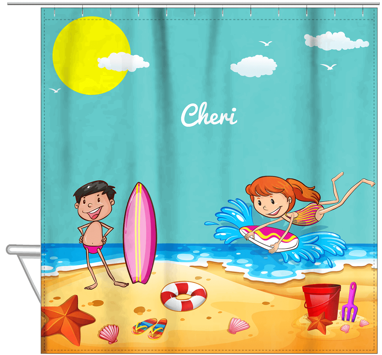 Personalized Beach Shower Curtain X - Body Boarding - Redhead Girl - Hanging View