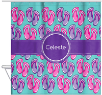 Thumbnail for Personalized Beach Shower Curtain XIII - Flip Flops - Circle Ribbon Nameplate - Hanging View